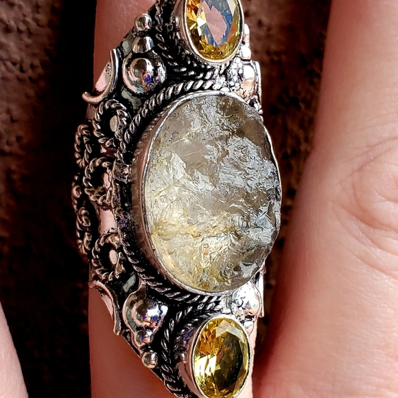 New Rough Golden Rutile and Citrine 925 Silver Statement Ring. - Picture 12 of 12